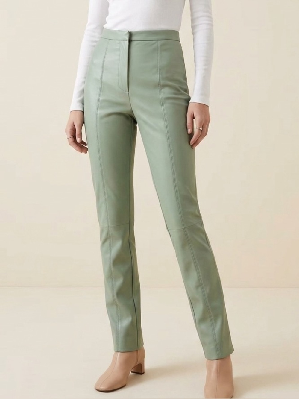 Zara Sage Green High-Rise Straight Leg Faux Leather Trousers